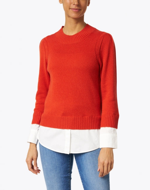 Eton Brand Cardamom and Orange Colored Wool - Cashmere Blend Sweater with a White Cotton - Poplin Underlayer for a Layered Look