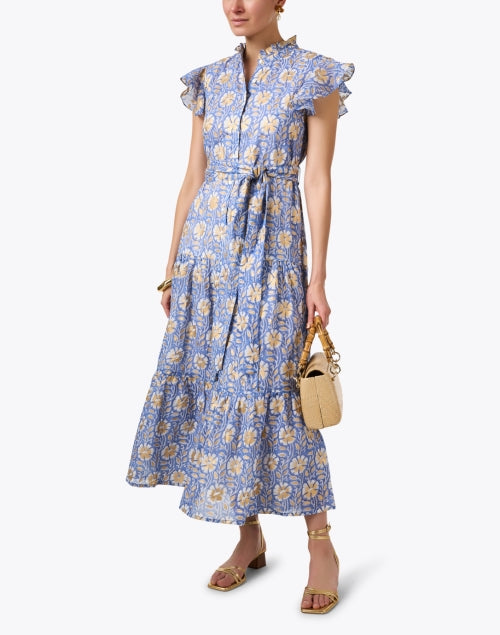 Stylish Blue and Golden Printed Women's Dress