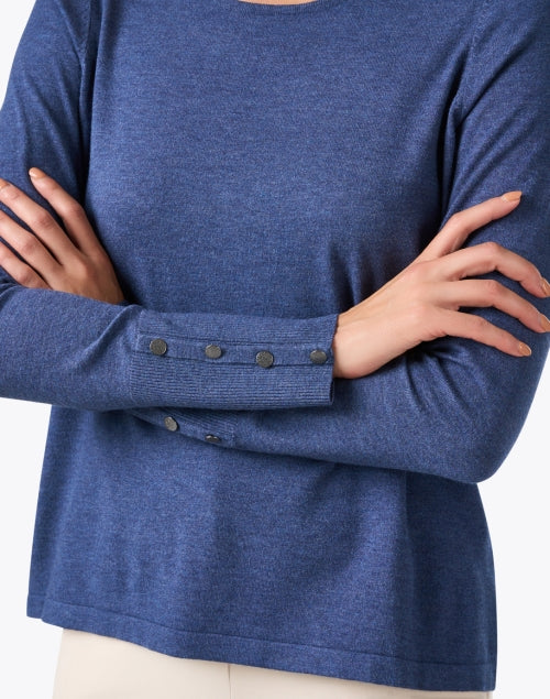 Stylish Indigo Knit Crew Neck Top with Button Cuff Detailing