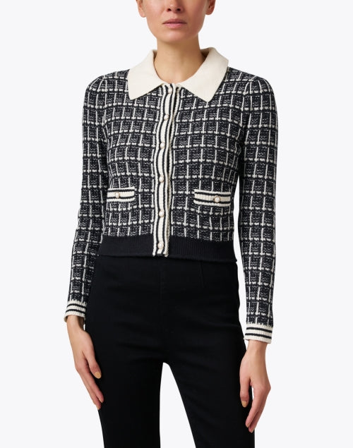 Stylish Aliyah Black-and-White Knitted Plaid Cardigan with Pearlescent Buttons