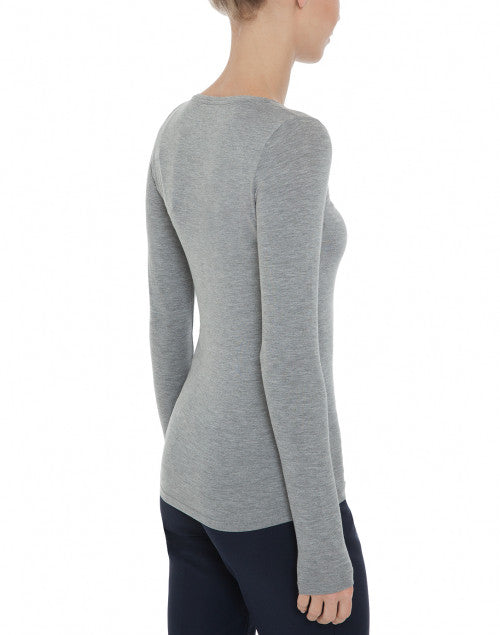 Luxurious Grey Stretch Viscose Long-Sleeved Crew Neck Women's Top