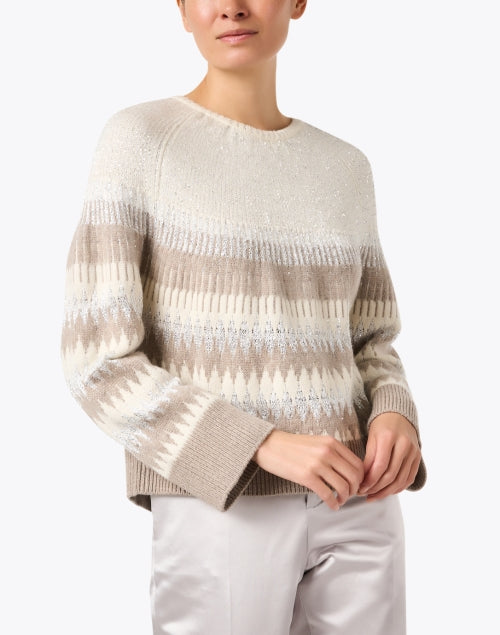 Stylish Multi-Intarsia Wool Blend Metallic Shimmer Sweater