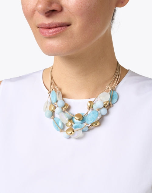 Exquisite Larimar, Aquamarine, Crystal and Gold Beaded Fashion Necklace