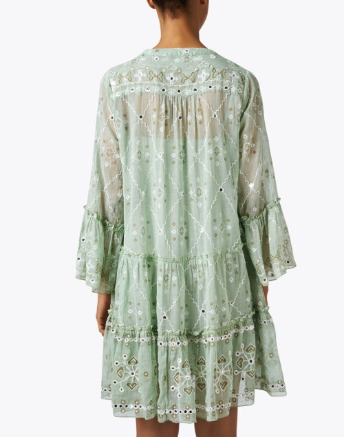 Stylish Women's Green Mosaic Printed Cotton Dress with Flare Sleeves and Tiered Skirt