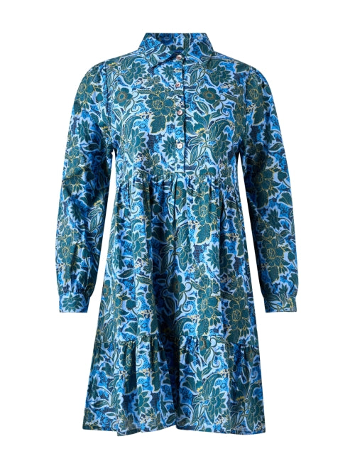 Stylish Romy Blue Motif 100% Cotton Mini Dress with Long Sleeves