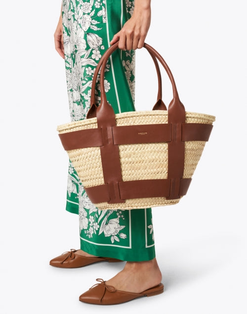 Santorini Handmade Cognac-Colored Leather and Raffia Straw Top-Handle Tote Bag