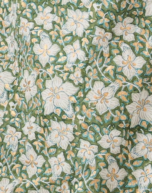 Stylish Ivy Green Cotton Floral Shirt Dress with Gold Trim
