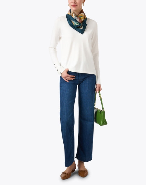 Ivory-colored Knit Crew Neck Top with Button Detailing on Cuffs
