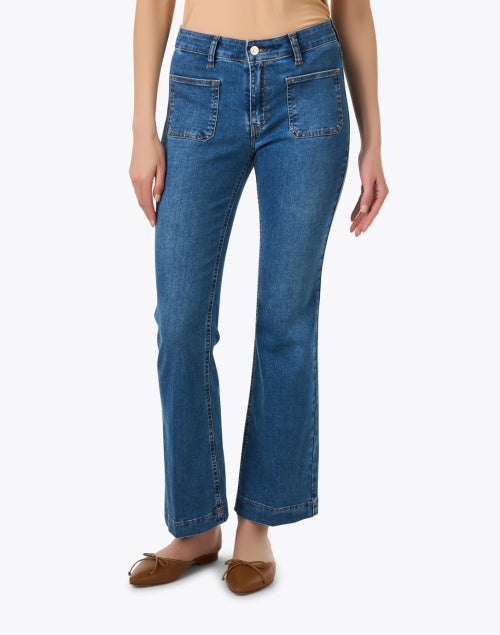 Stylish Blue Bootcut Denim Jeans with Retro Patch Pockets