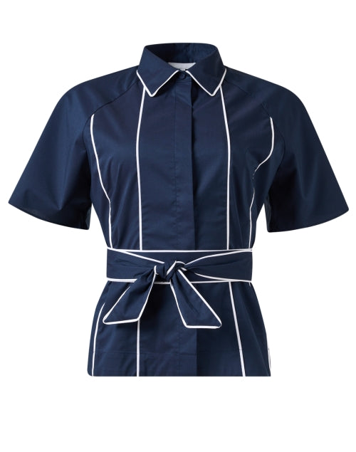 Joanna Navy Adjustable Belted Cotton Blend Top for a Flattering Look