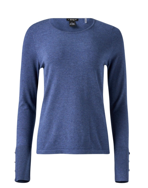 Stylish Indigo Knit Crew Neck Top with Button Cuff Detailing