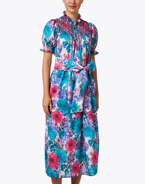 Elena Blue Floral Printed Cotton Dress with Self - Tie Waist