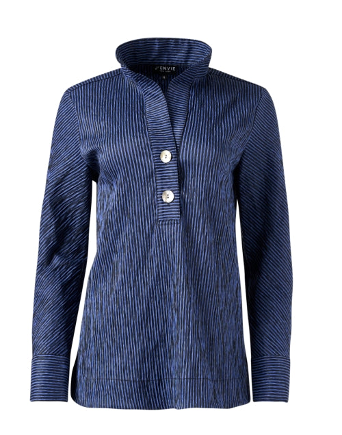 Stylish Blue and Black Striped Knit Stretch Cotton Blend Shirt Top