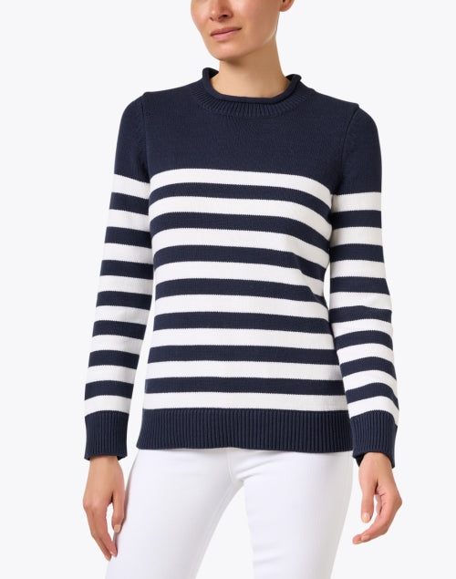 Comfortable Navy and White Striped Roll Neck Cotton Blend Sweater