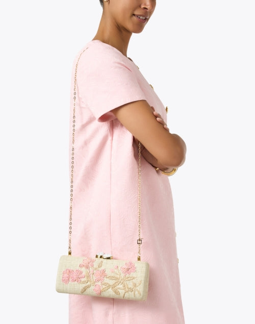 Exquisite Alessandra Pink Floral Embroidered Raffia Clutch with Ivory Stone Clasp