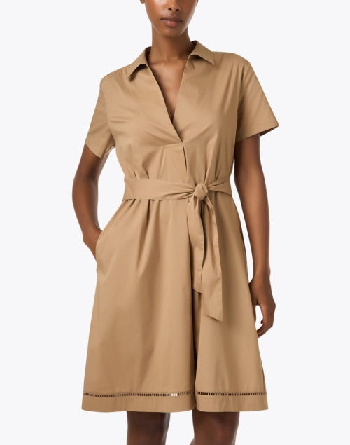 Stunning Tan Cotton Poplin Stretch Blend A-Line Shirt Dress