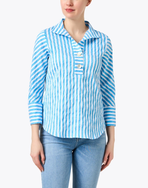 Feminine Blue and White Striped Women's Blouse for Versatile Wear
