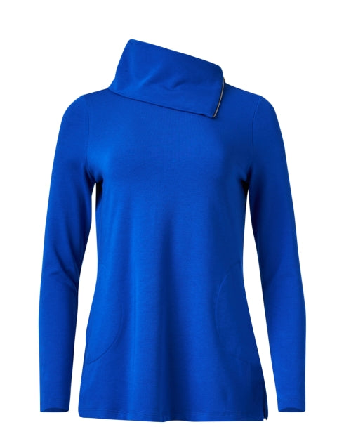 Elegant Blue Pima Cotton Cowl - Zipper Neck Long - Sleeve Tunic