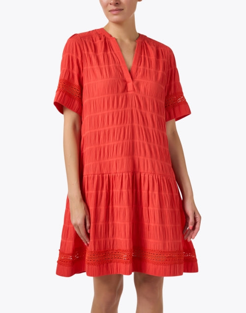 Stylish Red Pleated Cotton Dress with Lace Trim for a Timeless Look