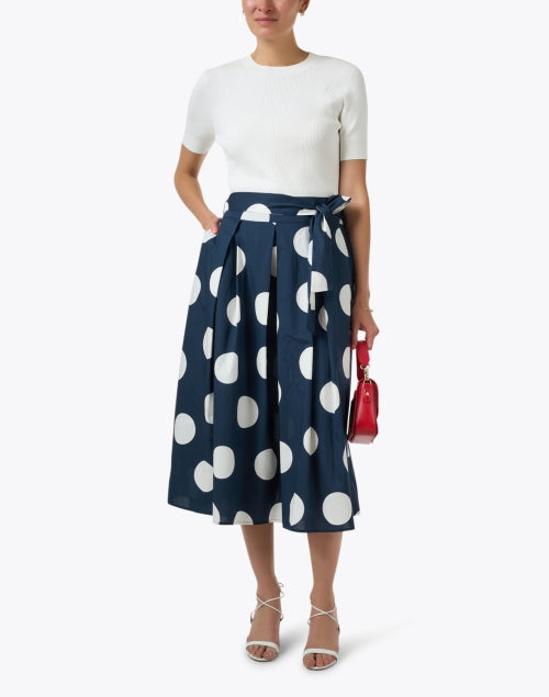 Stylish Navy and White Polka Dot Print Cotton Skirt with Self - Tie Waist Belt