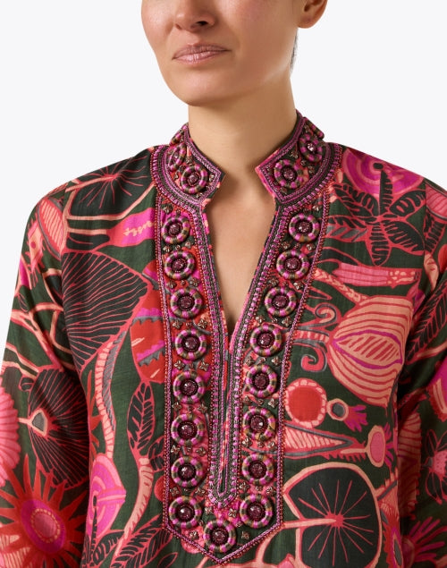Stylish Pink Multi Floral Patterned Women's Tunic Dress for Casual Wear