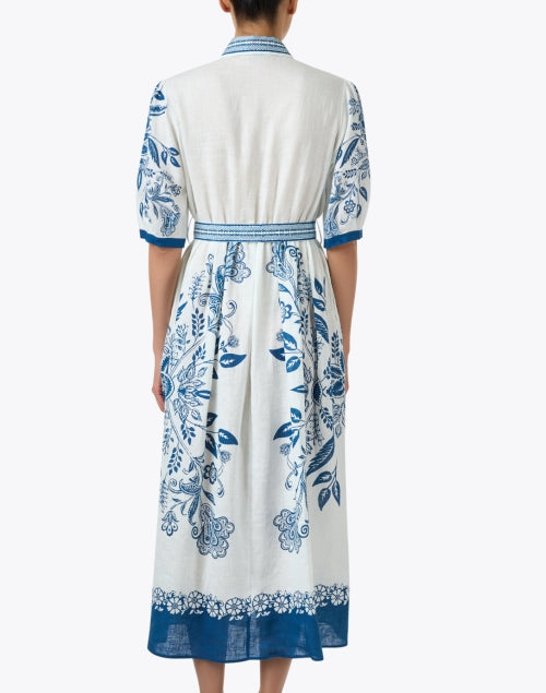 Stylish Blue and White Floral Patterned Linen Women's Summer Dress