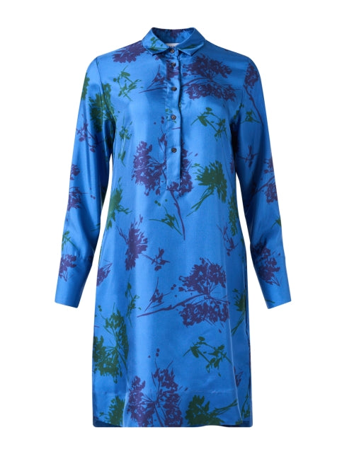 Stylish Blue Silk Dress with Floral Pattern