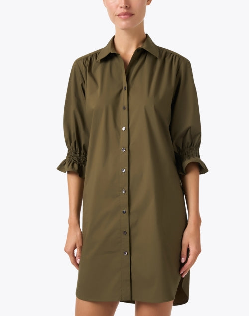 Stylish Olive Green Cotton Shirt Dress by Miller with Ruffle Cuffs