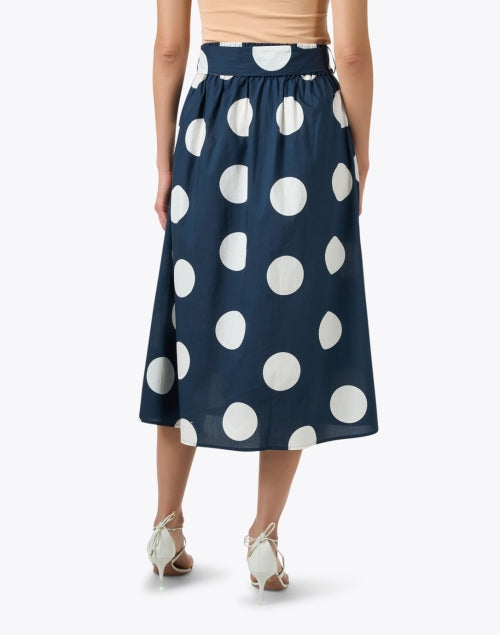Stylish Navy and White Polka Dot Print Cotton Skirt with Self - Tie Waist Belt