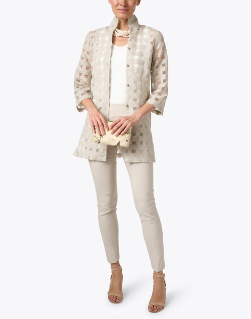 Rita Beige Sheer Plaid Women's Linen Blouse for Evening Wear
