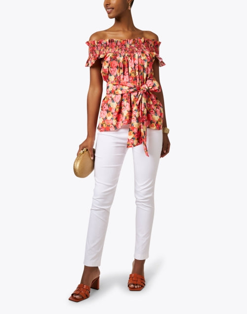 Elegant Pink Floral Embroidered Cotton Smocked Maria Blouse