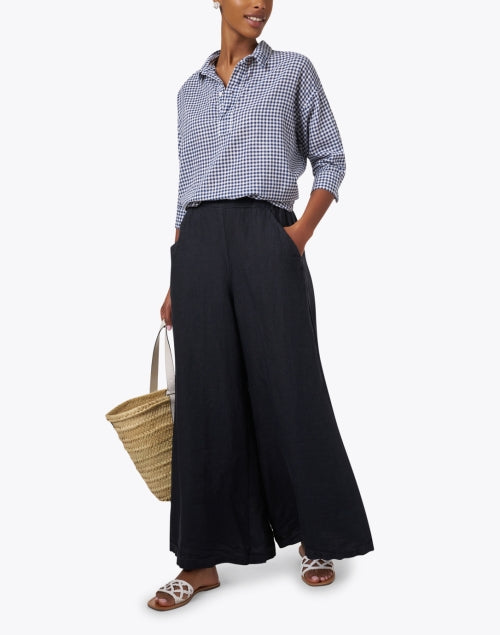 Navy Blue Gingham Pattern 100% Linen Casual Henley Top for Women by CP Shades