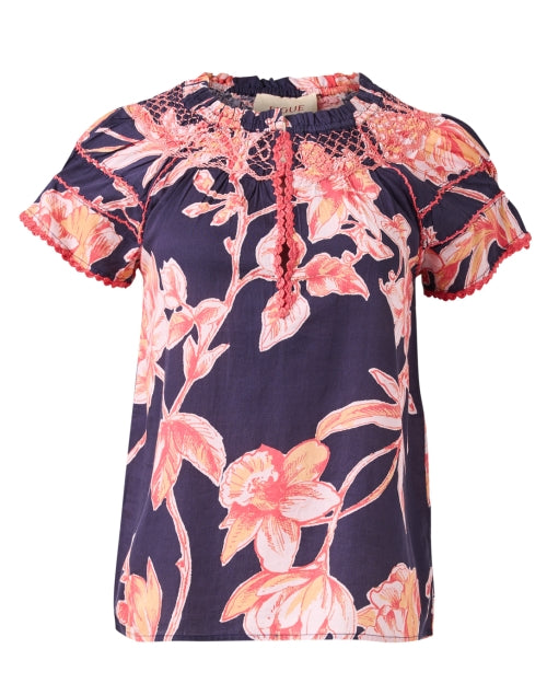 Navy Floral Print Cotton Women's Casual Top - Rosie Style