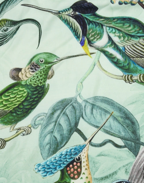 Exquisite Green Hummingbird Patterned Cashmere-Silk-Wool Blend Scarf