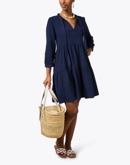Navy Featherweight Crinkled Cotton Gauze Tiered Giselle Dress