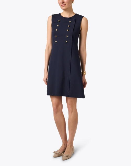 Navy Sybil Mini Shift Dress with Gold Button Details