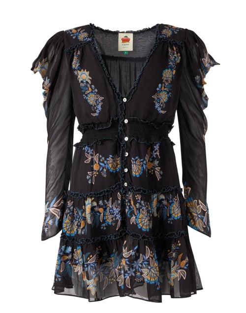 Stylish Black Dress with Floral Embroidery and Ruffle Details