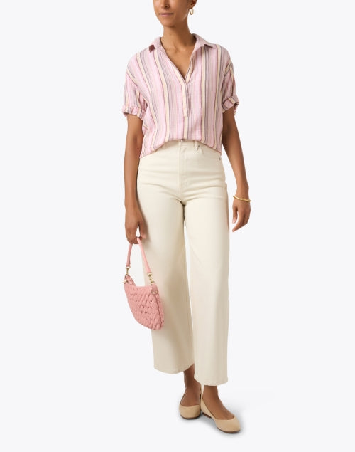 Pink and Striped Cotton Collared Seaside Casual Top by Xirena