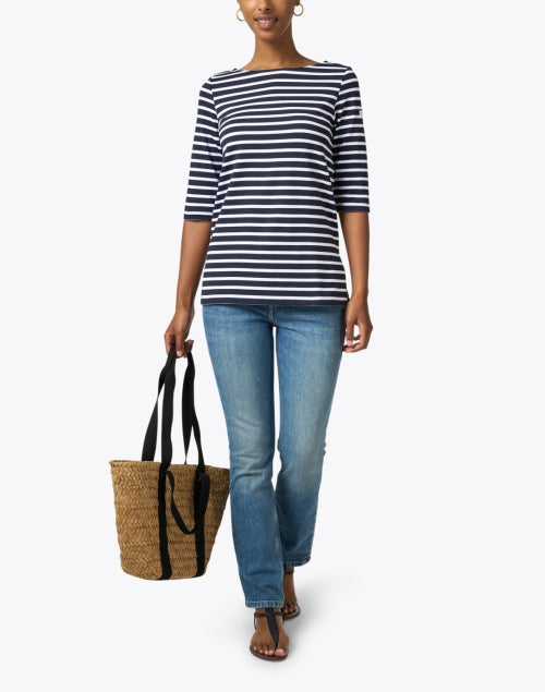 Fashionable Navy and White Striped Meryl UV-Protected Shirt