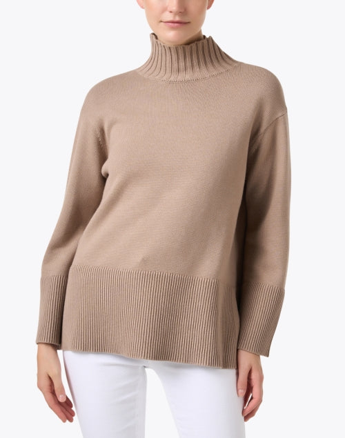 Soft Taupe Cotton Funnel - Neck Long - Sleeve Sweater