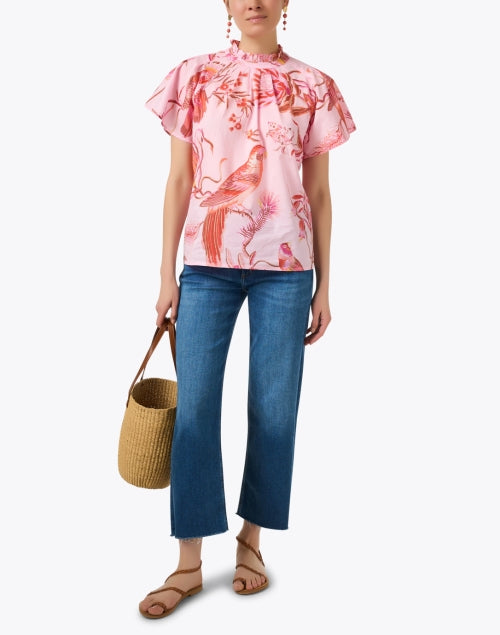 Delightful Pink Bird-Printed Cotton Women's Blouse Top