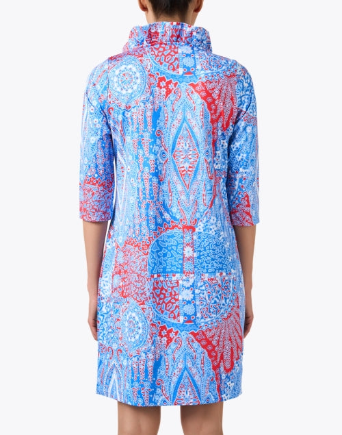 Stylish Blue Multi Paisley Patterned Ruffle Neck Women's Dress