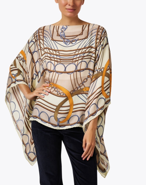 Elegant Beige Cashmere Silk Poncho with Equestrian Print