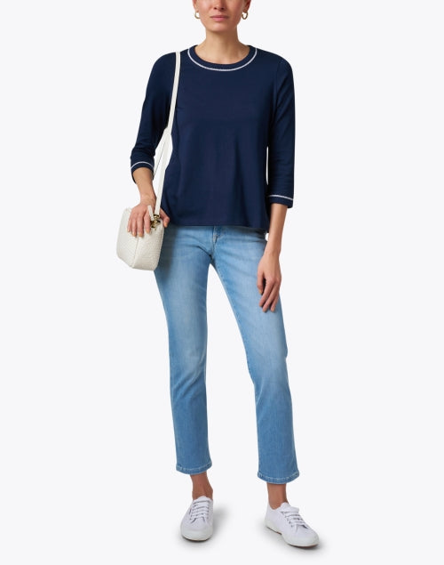Navy and White Stitched Pima Cotton and Spandex Blend Crew Neck Women's Top