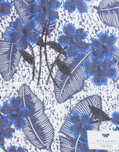 Weekend Max Mara's Blue Floral Motif Sarda Cotton Blend Scarf with Eyelash Fringe Trim