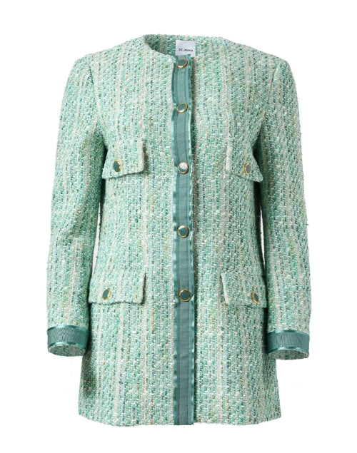 Spring-Forward Green Multi-Pattern Tweed Collarless Jacket