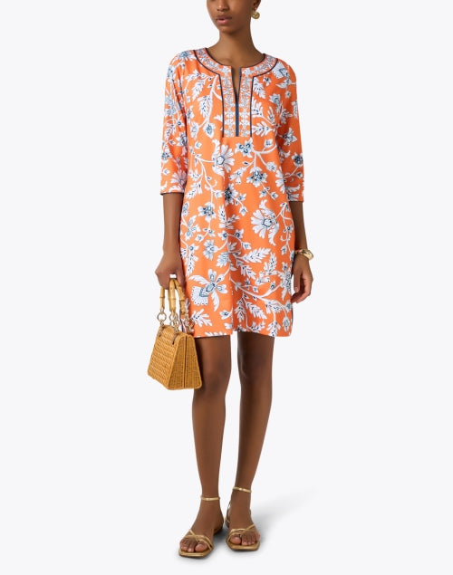 Gretchen Scott Orange and Periwinkle Floral Print Women's Tunic-Style Dress