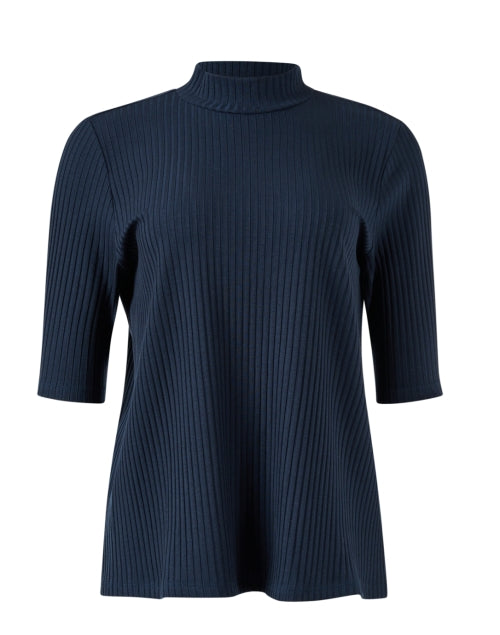 Eileen Fisher's Deep Blue Lightweight Ribbed Mock Neck Top