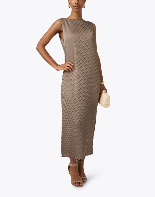 Stylish Taupe-colored Diamond-pleated Maxi Dress for Women