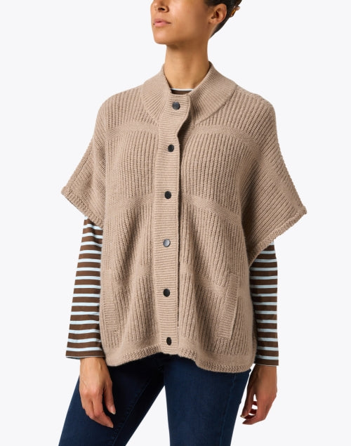 Taupe-colored Wool and Cashmere Blend Poncho-style Cardigan for Versatile Layering
